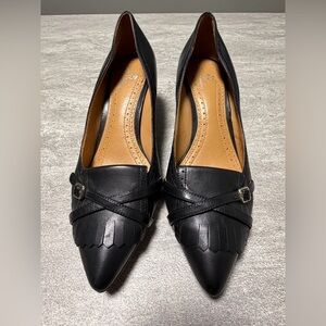 Brooks Brothers women's black leather fringe & buckle pointed toe heels Size 8.5